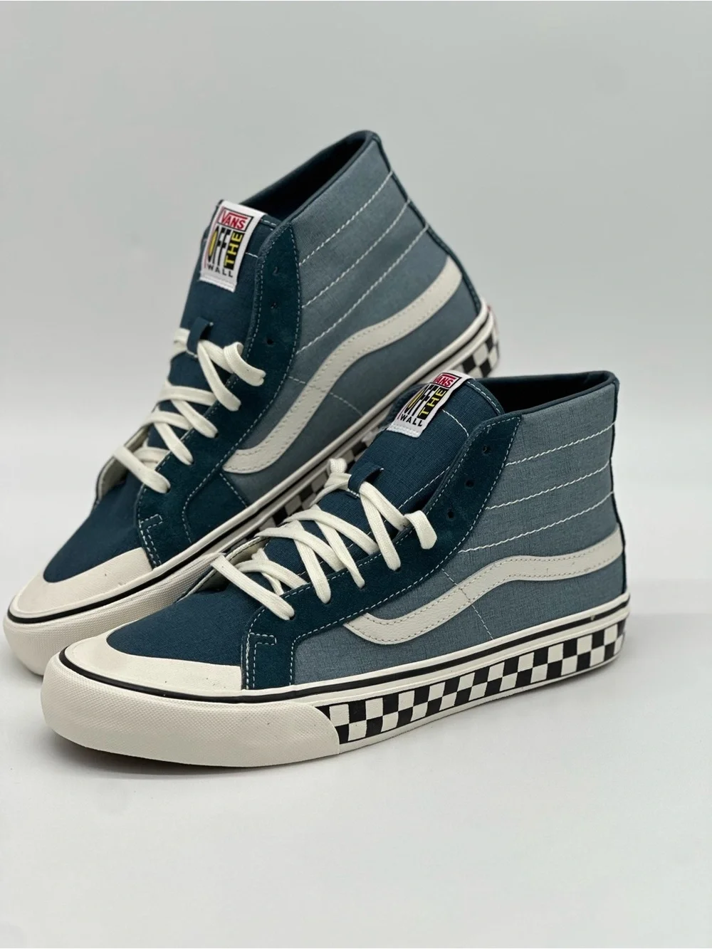 Vans Mid-Top Sneakers in Teal and White with Checkerboard Sole